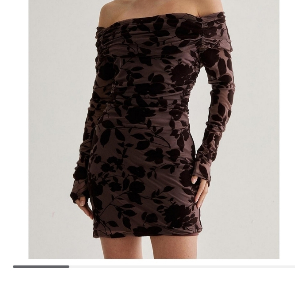 Nasty Gal Off-Shoulder Floral Long Sleeve Dress - Black and Brown